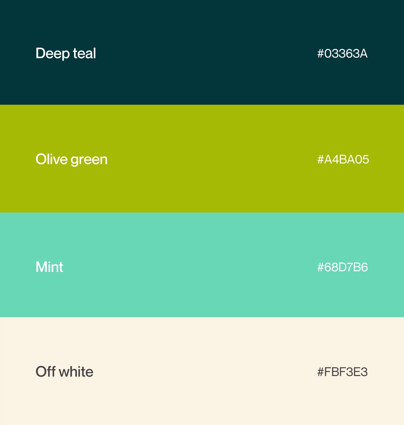 auddl colour palette: deep teal, olive green, mint and off white